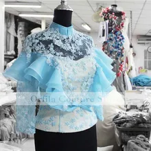 

Fashion Blue Bolero For Wedding Bridal Dress Jackets Long Sleeve Top Lace Appliques Custom Jacket