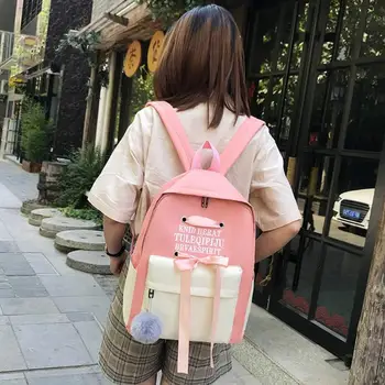 

Women Rucksack Contrast Color 4pcs/set Ribbon Bowknot Student Backpack Teenager Girls Shoulder Bag Female Student School Bags