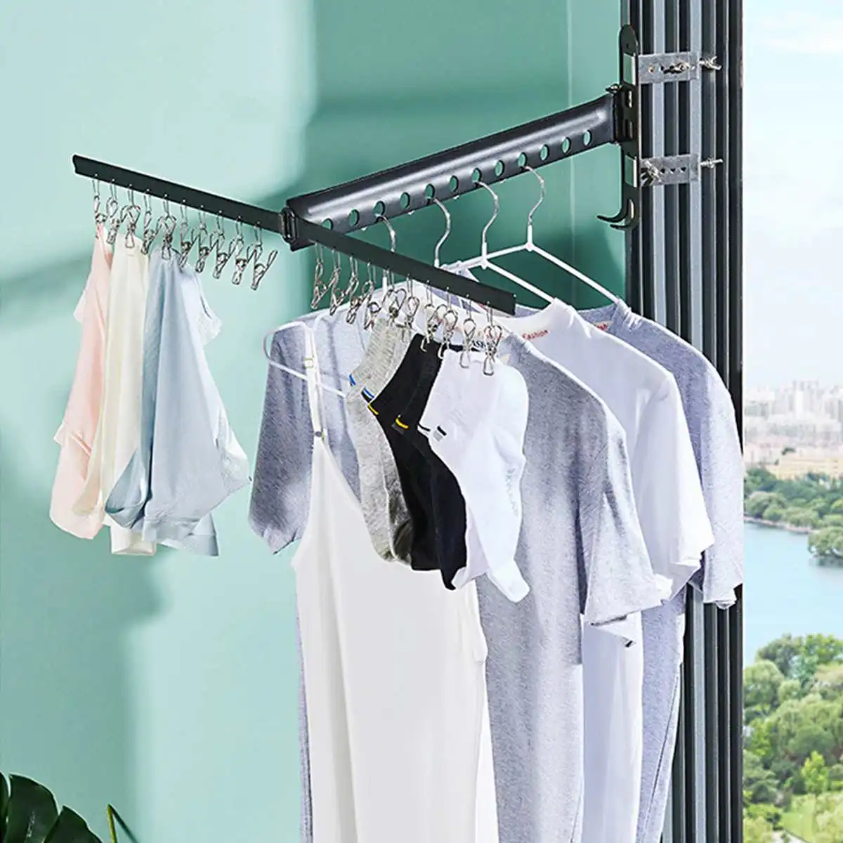 Barra de aire telescópica acero inoxidable para colgar ropa, barra de aire para en la pared, con 12 agujeros, 20 Clips, rejilla de secado - AliExpress Hogar y jardín