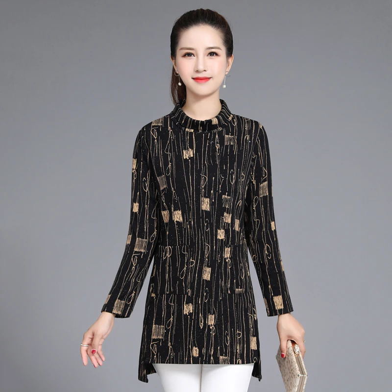 

Printed Bottoming Shirt Fall Women T-Shirts Long Sleeves Spring New Plus Size Middle Age Mother Tops Turtleneck Femme Tee Shirt