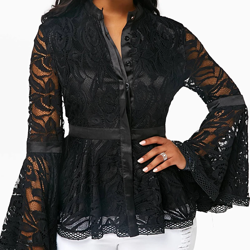 Женские сексуальные открытые рубашки винтажные блузки с расклешенными рукавами женские черные кружевные лоскутные рубашки с принтом Blusas Mujer De Moda