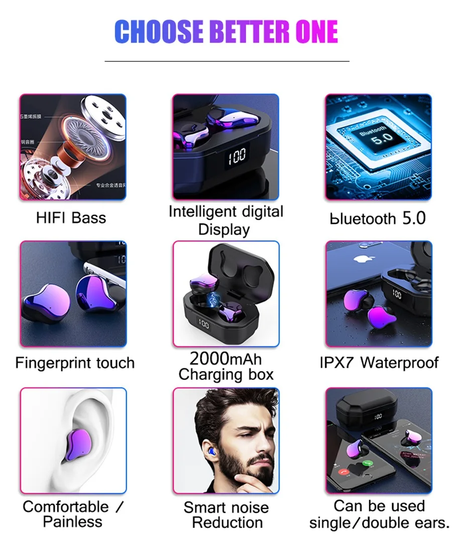 TWS bluetooth наушники Smart Touch Gradation Graphene HiFi тяжелый бас стерео bluetooth 5,0 2000 мАч IPX7 водонепроницаемый наушник