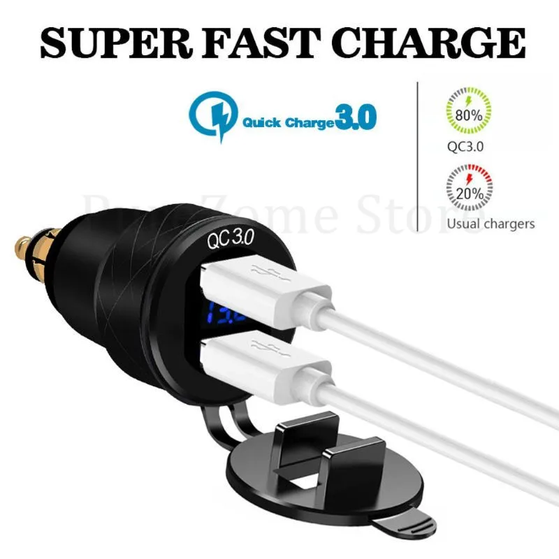 

12V Motorbike DIN Hella QC 3.0 Dual USB Charger Power Adapter Voltmeter Switch for -BMW -Triumph Motorcycle Mobile Phone