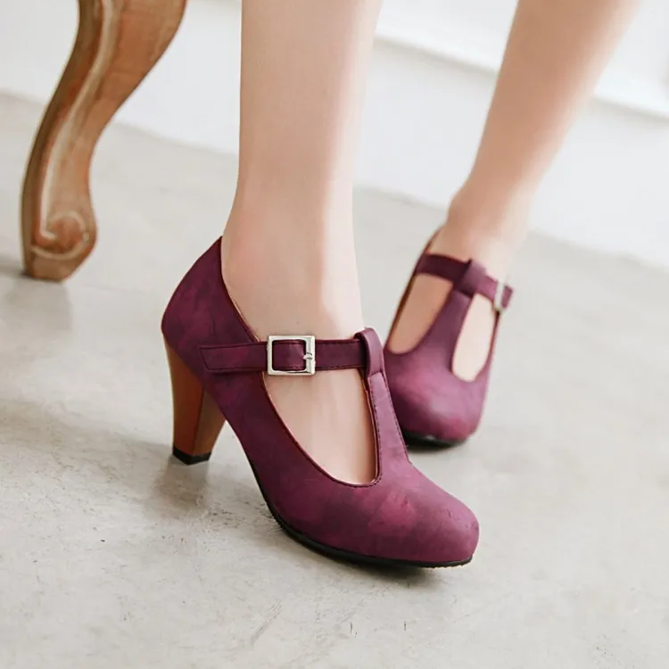 

Big Size 11 12 13 14 15 16 17 ladies high heels women shoes woman pumps Retro T-shaped buckle round-headed Marijan single shoes