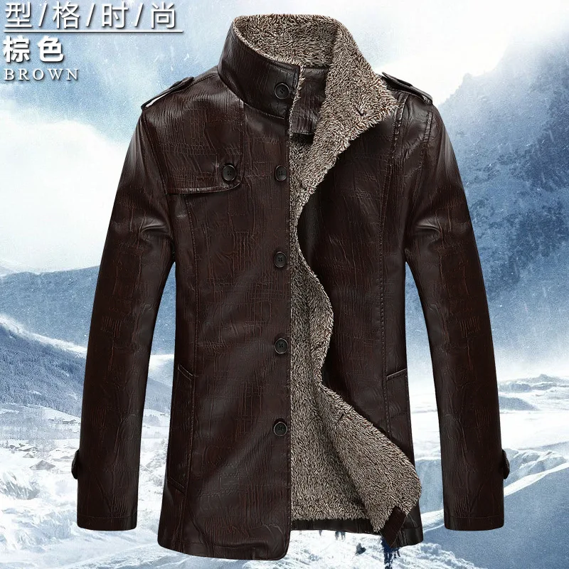 

2018 Autumn And Winter New Style Men'S Wear plus Velvet PU Leather Wool Lining Men Fashion Casual Mid-length Stand Collar Coat L
