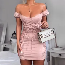 Sexy Milkmaid Off The Shoulder Mini Dress Women Corset Lace Up Ruched Dress Summer Puff Sleeve Bodycon Party Dress For Lady