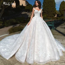 Adoly Mey Великолепное Кружевное Свадебное платье трапециевидной формы с аппликацией и длинным шлейфом Роскошное винтажное свадебное платье с глубоким вырезом и бусинами и коротким рукавом