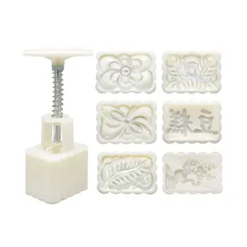 

Bean Mooncake Mold with 6pcs Square Flowers Stamps Hand Press Moon Cake Pastry Mould DIY Bakeware Mid-autumn Festival