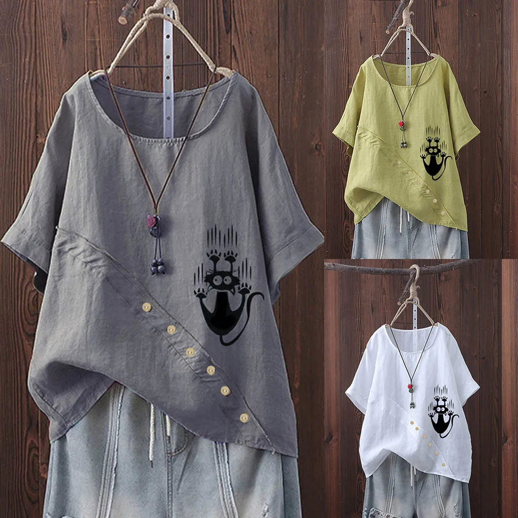 

Tshirt Women Plus Size Short Sleeve Cotton Linen O-Neck Print Tops T-Shirt Haut Femme Camiseta Mujer Top Women Harajuku T Shirt