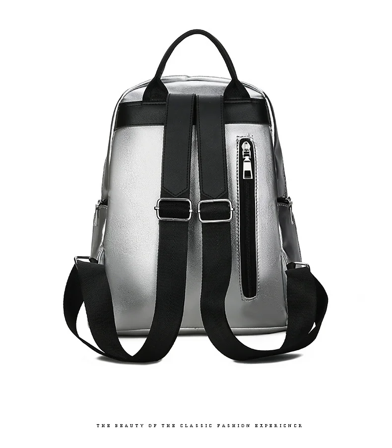 2019 Women Waterproof PU Soft Leather Backpack College Girls School Shoulder Bag Small Black Silver Multi Pocket Travel Rucksack (9)