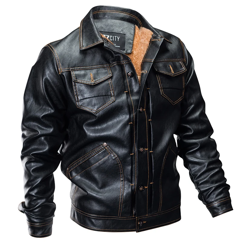 

Tide Winter Pilot Faux Leather Jacket Men Autumn Military Bomber Thick Warm Multi-Pocket Flight Jacket Male Fleece Coat Outwear