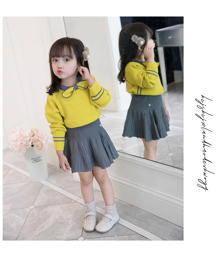 На осень и зиму в Корейском стиле 2 шт./компл. детские брюки с бантом, штаны для девочки Вязание свитер+ плиссированная юбка, детская модная одежда для девочек INS трикотажная одежда От 2 до 8 лет