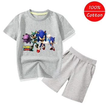 

2020 new sonic cotton cartoon print children's wear two-piece summer short sleeved round neck T-shirt and shorts for ages 4 - 12