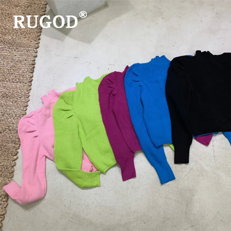 RUGOD, корейский винтажный свитер, пуловеры с круглым вырезом и пышными рукавами, Осенний базовый свитер, модная повседневная трикотажная туника, милые женские топы