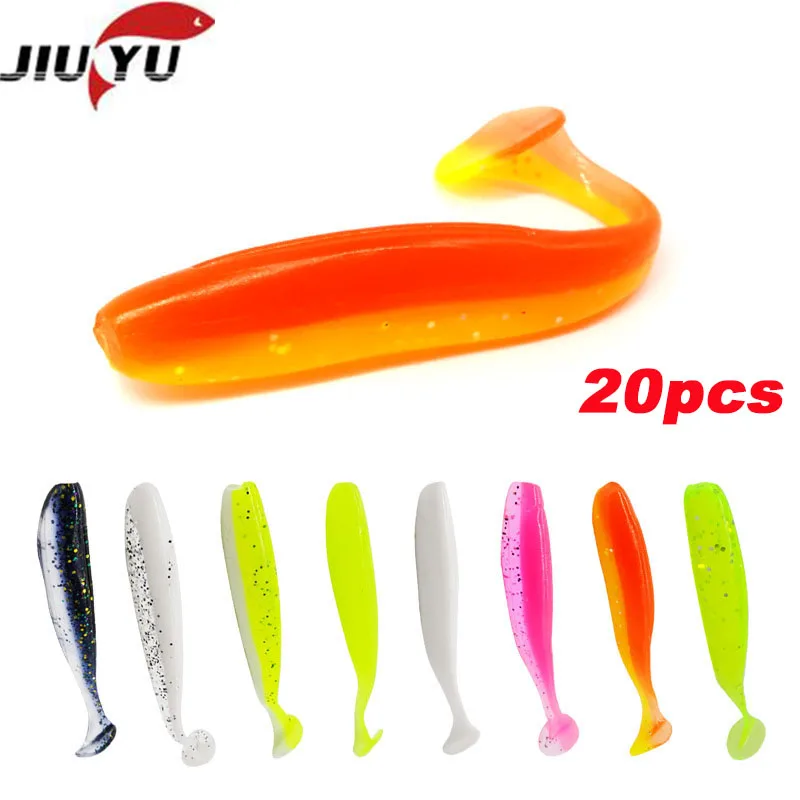 

20pcs/lot Curl Worm Soft Bait 55mm 70mm Jig Wobbler Artificial shrimp odor With salt Rubber Bass Fishing Lure Long Tail Swimbait