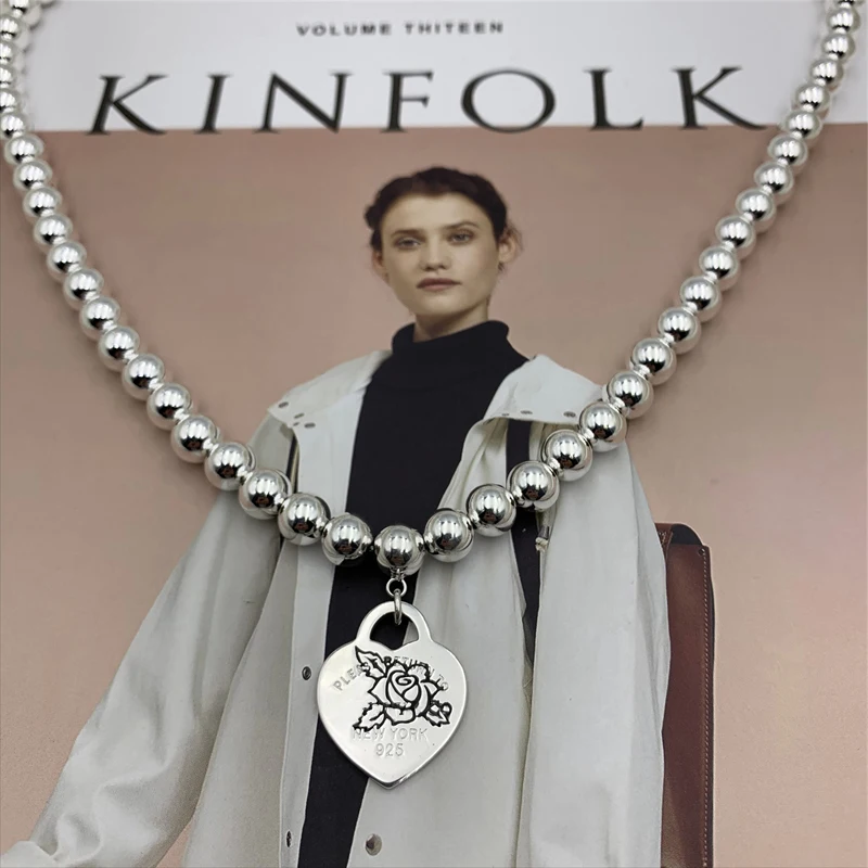 

SHINETUNG S925 sterling silver mini rose heart pendant 8mm round bead necklace, 1: 1 high-end women's jewelry with logo.
