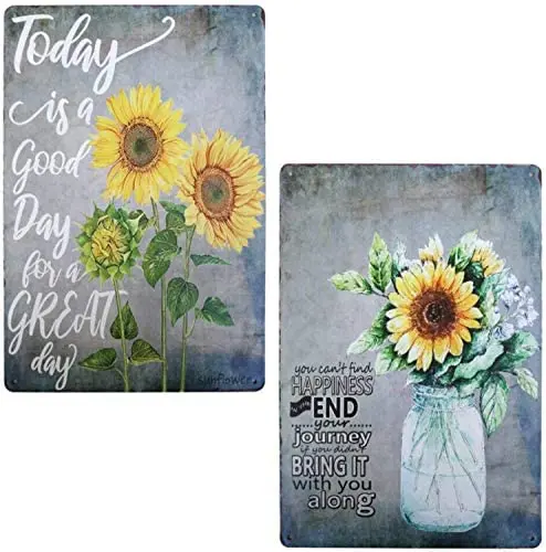 

Rustic Sunflower Retro Vintage Tin Bar Sign Bathroom Wall Art Flower Painting Country Home Decor 2Pcs-8X12 Inch