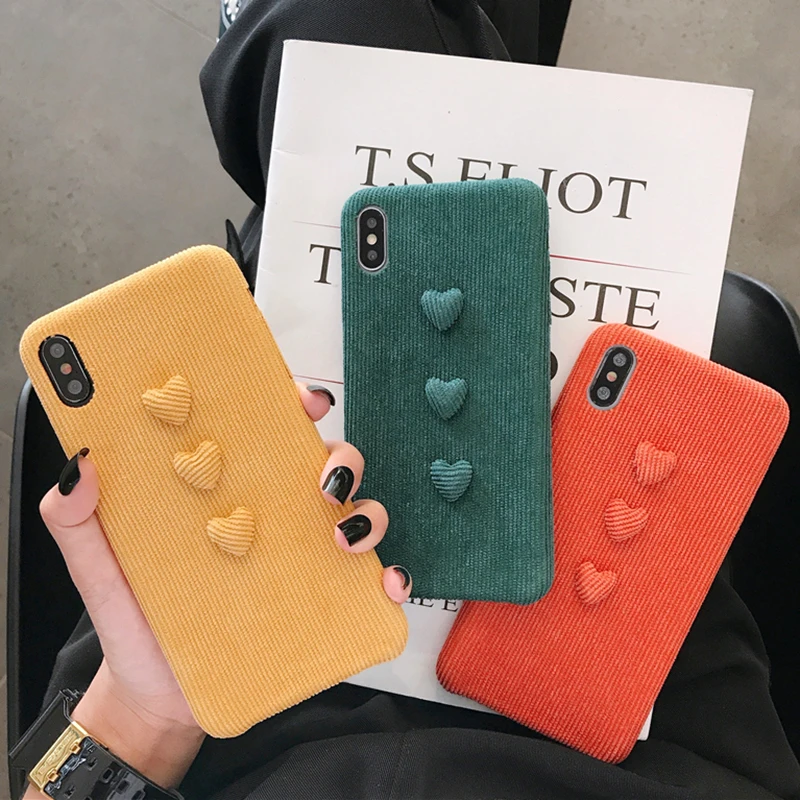LOVECOM Cute 3D Love Heart Plain Soft Cloth Phone Case For iPhone 11 Pro Max XR X XS Max 7 8 Plus Half-wrapped Lint Phone Cover
