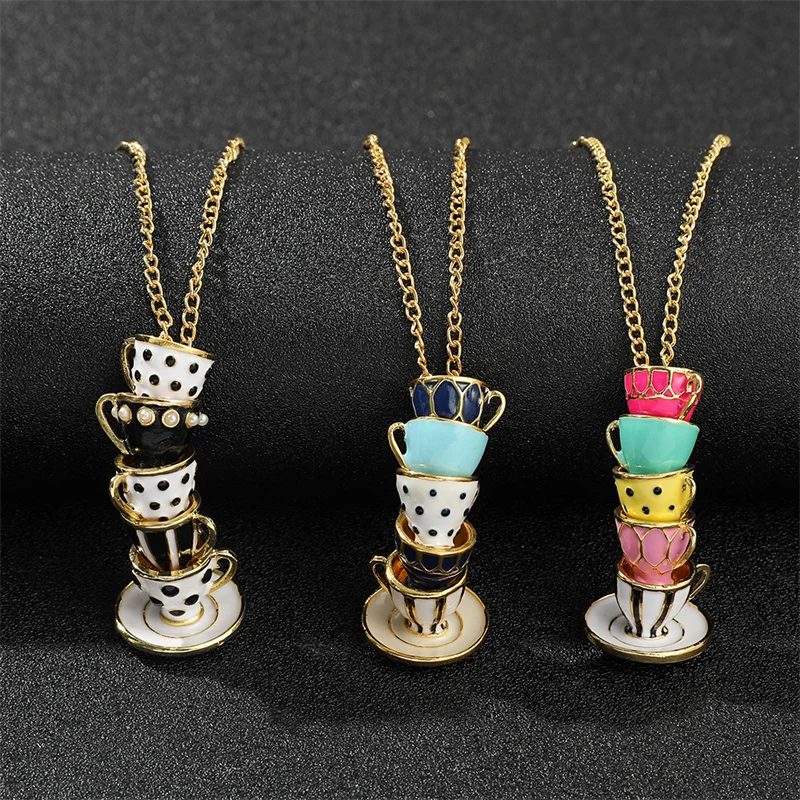 Tea Cups Stack Pendant Necklace Hand Made Sweater Chain Creative