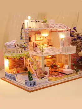 

DIY Miniature Dollhouse Set With Furniture Light Intellectual Toy Innovative Gift Princess House Pink