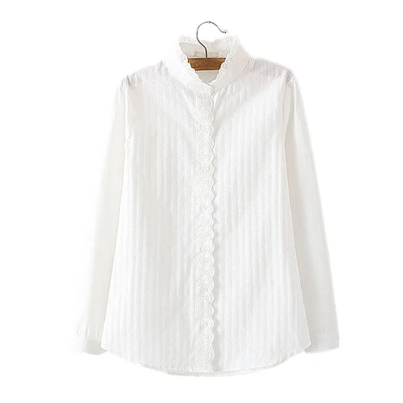 Женские кружевные белые рубашки осень лето 2020 с длинным рукавом оборками 100%