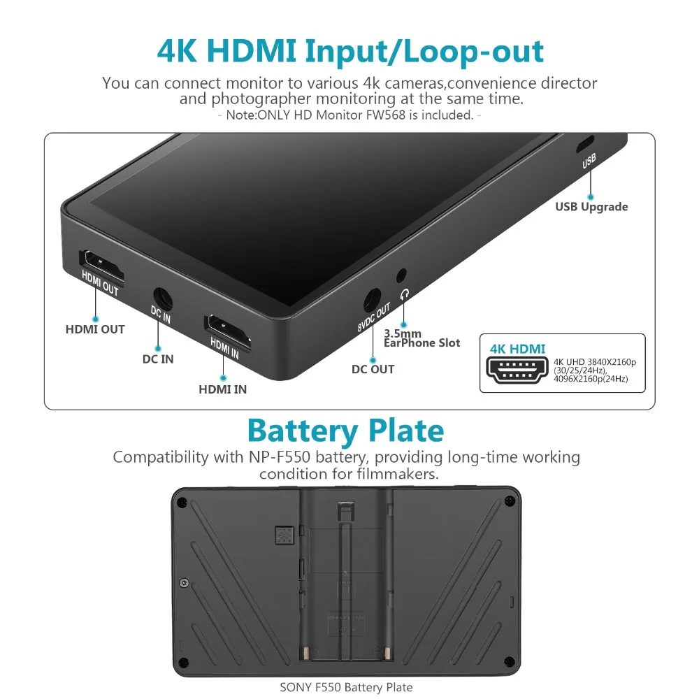 Neewer FW568 5,5 дюймовый полевой монитор камеры с 4K HDMI 8,4 V DC входным выходом видео Peaking Focus Assist с поворотным рычагом
