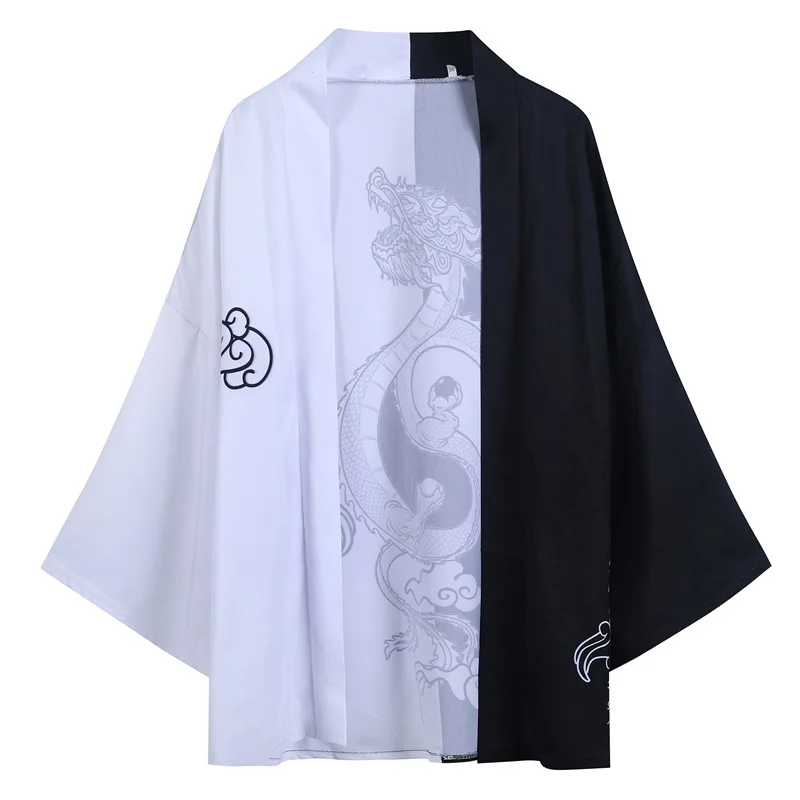 Dragon Printed Black White Men Obi Male Yukata Kimono Cardigan Men's Haori Samurai Traditional Japanese Clothing