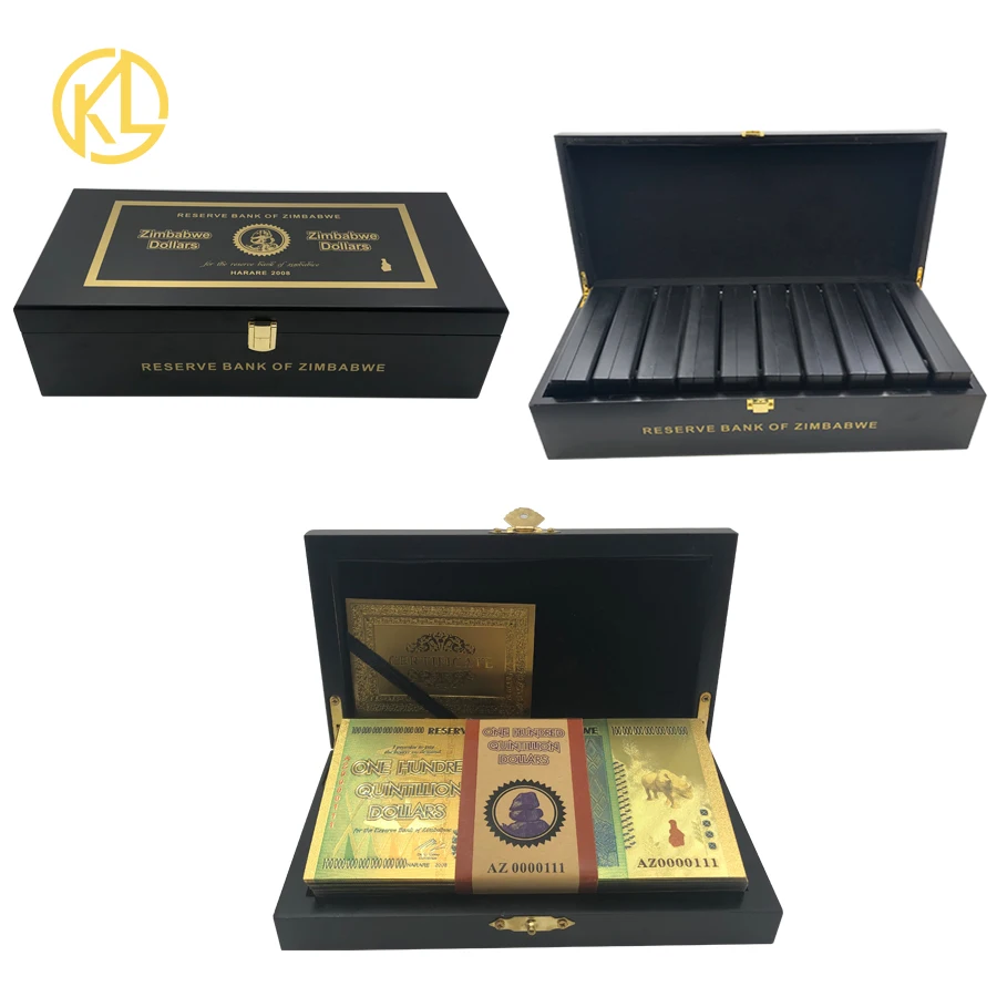 

One Hundred Quintillion Zimbabwe Dollars 24K Gold Banknote with UV Light Watermark in wooden box for collection