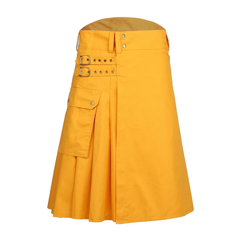 Yellow B CYSINCOS коричневый готический панк Шотландский Килт костюм карманные мужские юбки с поясом решетки плэйт юбки двусторонние карманные, на цепочке юбки - Color: Yellow B