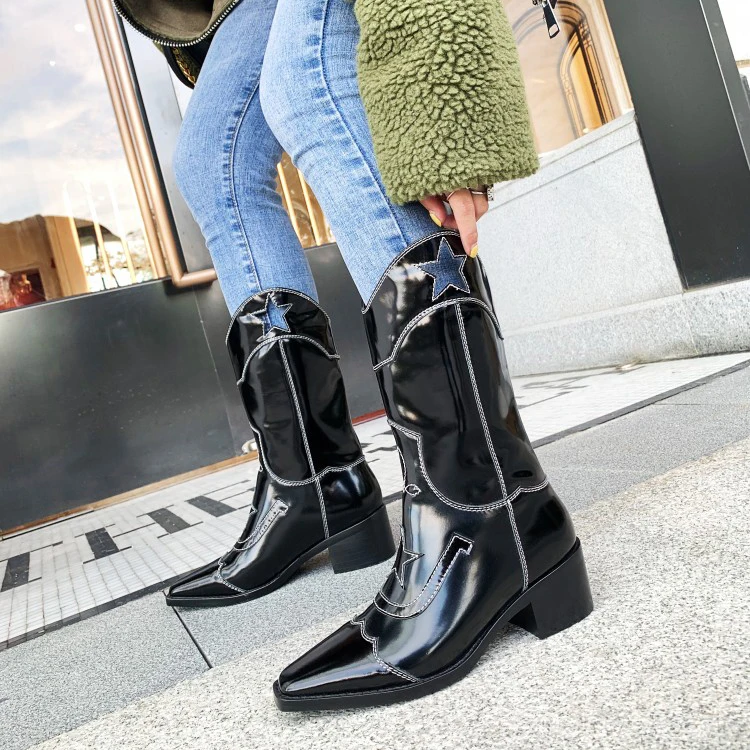 Scarpe donna/зимняя женская обувь; ботинки в западном стиле; черные модные женские ботинки без застежки с острым носком; женская обувь; botas mujer
