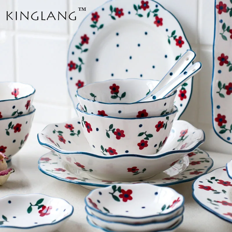

KINGLANG Japanese Hand Made Ceramic Tableware Set Flower Design 2/4 Person Dinner Set