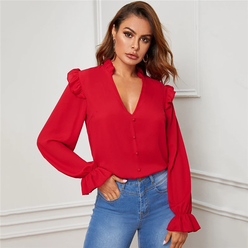 SHEIN Red Ruffle Trim Buttoned Front V Neck Blouse Top Women Spring Autumn Sheer Blouses Flounce Long Sleeve Solid Elegant Tops
