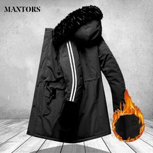 Длинные мужские зимние пальто в полоску со съемным капюшоном, теплые толстые куртки, мужская верхняя одежда, бархатное ветрозащитное пальто, мужские парки с меховым капюшоном