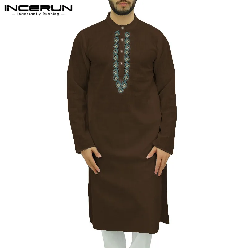 INCERUN мусульманский, Арабский исламский кафтан для мужчин с принтом хлопок длинный рукав халаты Винтаж abaya Дубай Ближний Восток
