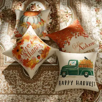 

AUSDINAUTO Set of 4 Fall Pillow Covers 18x18 Inch Happy Harvest Give Thanks Golden Autum Theme Cotton Linen Throw Pillow Covers