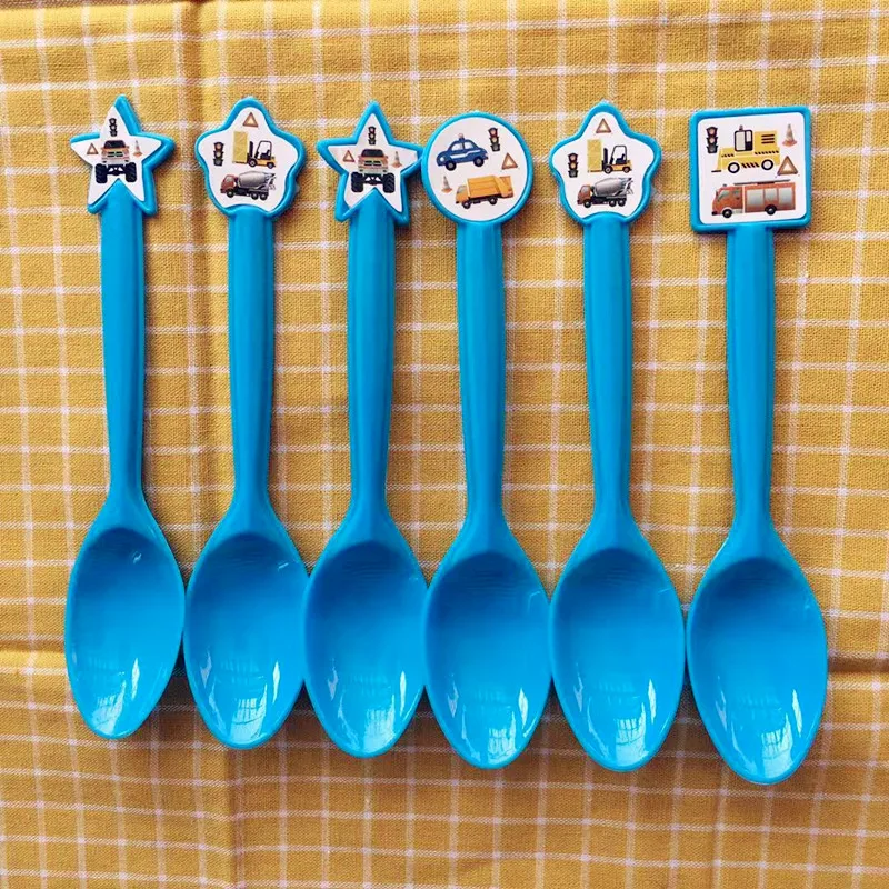 6pcs spoons Инженерные транспортные средства мультфильм автомобили Грузовики тематическая вечеринка на день рождения украшения одноразовая посуда Дети душ вечерние принадлежности - Цвет: 6pcs spoons
