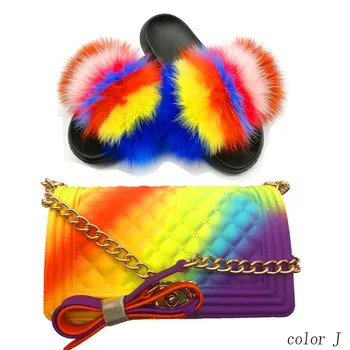 

Women Summer Fox Fur Slippers Colorful Jelly Bag Cute Fluffy Slippers Fashion Furry slides Plush Slipper Sets Fox Fur Slides