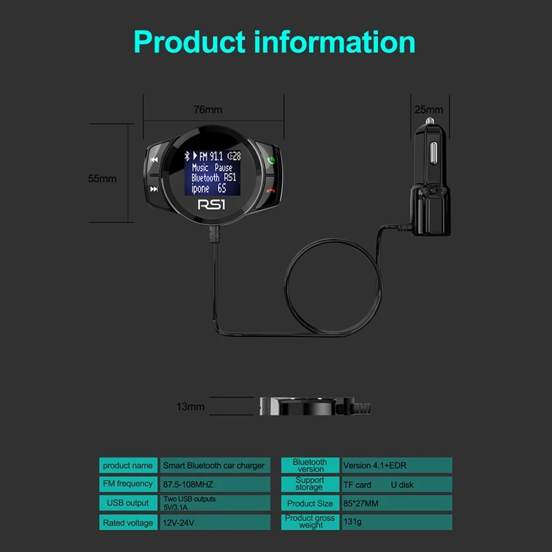 RS1 FM передатчик Bluetooth автомобильный комплект MP3-плеер светодиодный двойной USB 3.1A автомобильное зарядное устройство, автомобильный Bluetooth MP3-плеер большой дисплей