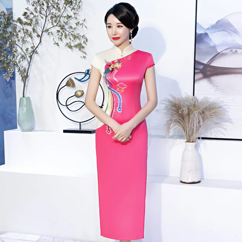 

2019 New Style Spring And Summer Positioning Color Phoenix Long Cheongsam Elegant Catwalks Cheongsam Formal Dress Silk yan hui z