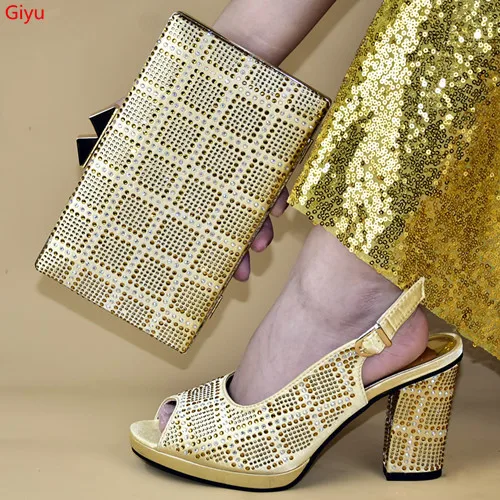 Doershow Gold Shoes And Bag Maching Set In Summer High Heel With Smart
