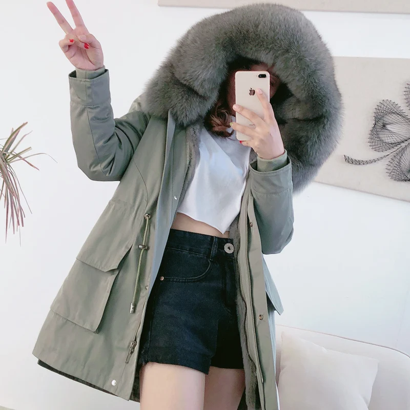 AYUNSUE Winter Coat Women Parka Real Fur Coat Female Rabbit Fur Liner Long Jacket Women Fox Fur Collar Warm Parkas MY4574