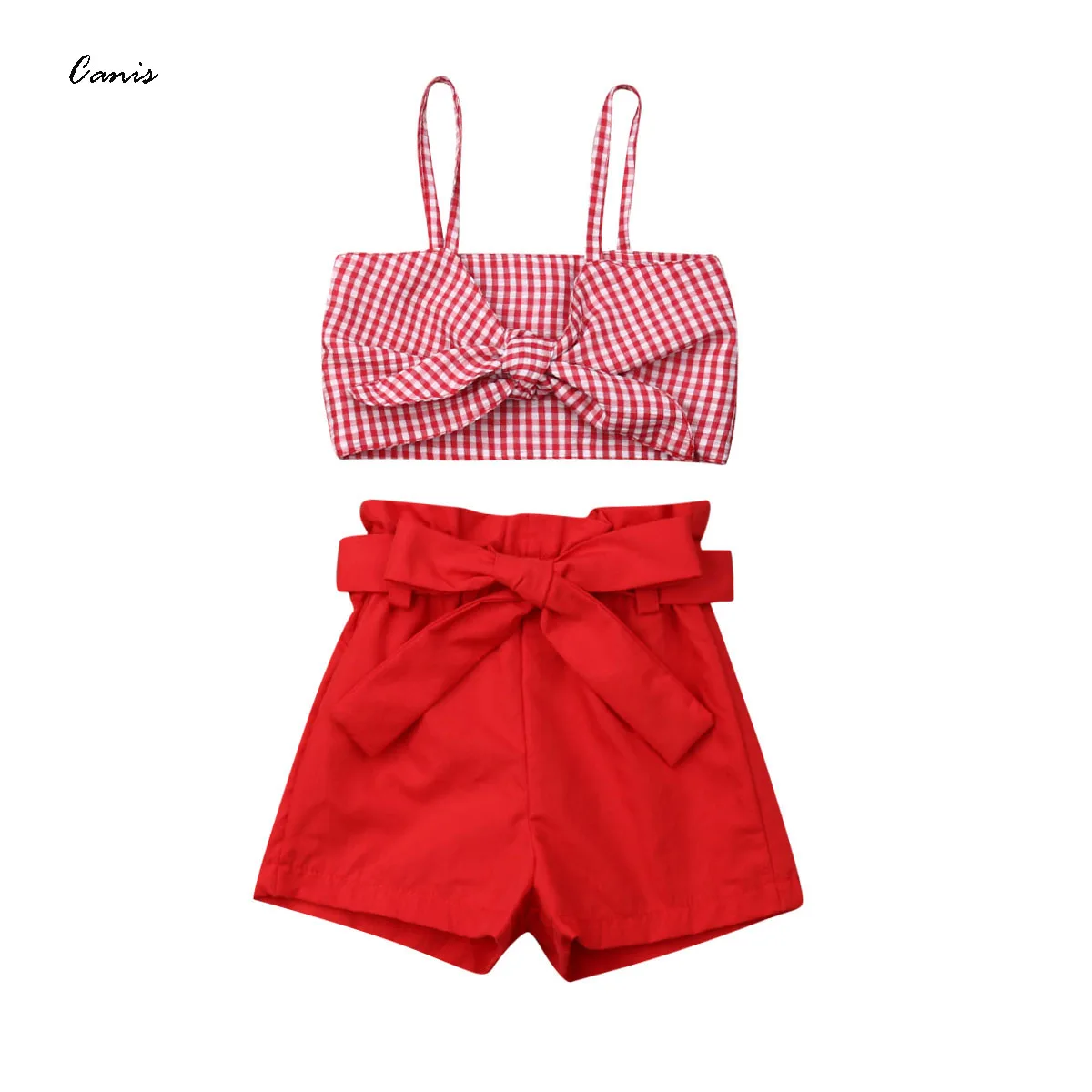Комплект из 2 предметов для новорожденных и маленьких девочек; Короткий клетчатый топ с галстуком-бабочкой; жилет; короткие однотонные штаны; комплект одежды; комплект летней одежды