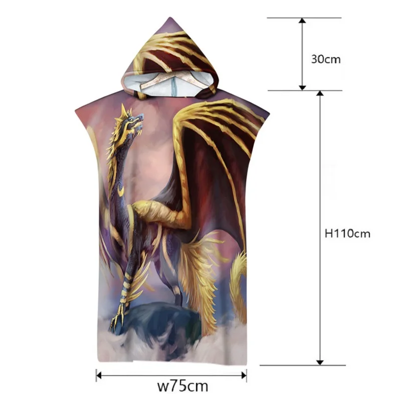 Microfiber Hood Beach Towel Swimsuit Dragon Printed Changing Robe Absorbent Surf Poncho Hooded Bath Towels for Adult Beachwear