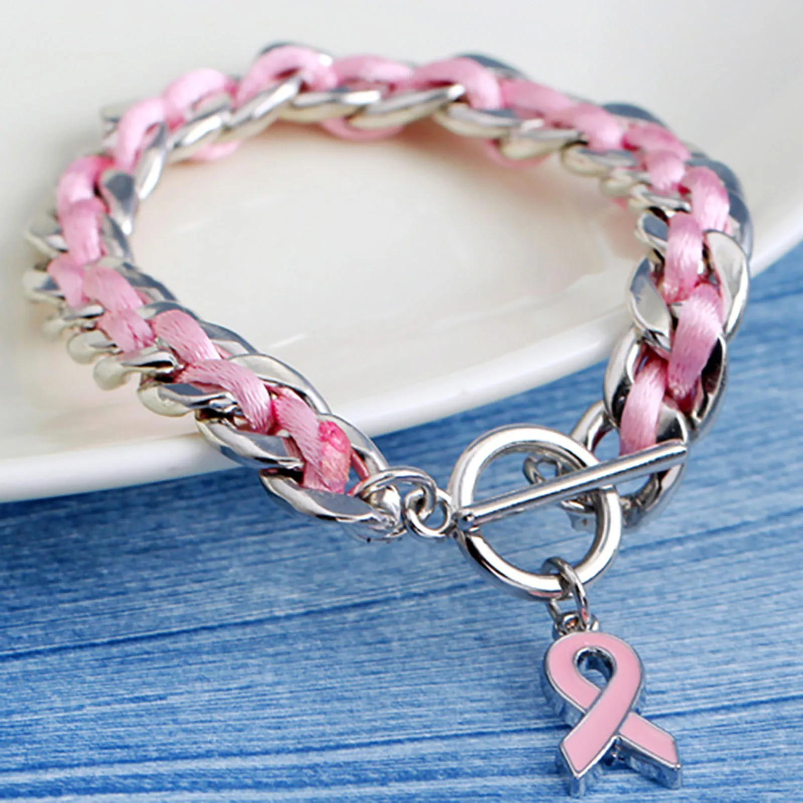 Breast Cancer Awareness Hope Bracelet For Women Pink Ribbon charm Braided Love Rope Wrap Bangle Fashion Bracelet Gift 2021