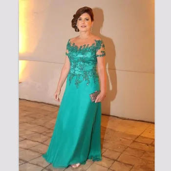 

Green Mother Of The Bride Dresses A-line Short Sleeves Appliques Beaded Satin Groom Mother Dresses Guest Wear For Weddings