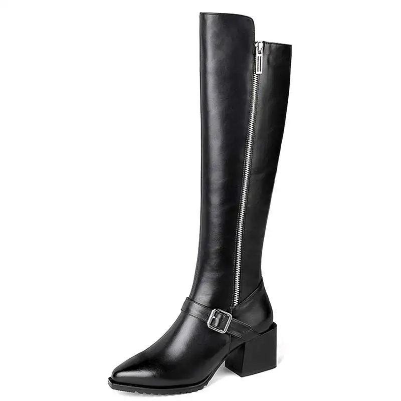 krazing pot hot saling cow leather thick high heels pointed toe big size zipper stovepipe keep warm career thigh high boots L2f5