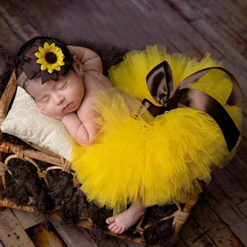Fluffy Sunflower Tutu Set Baby Yellow Tutu Skirt with Headband Cake Smash Outfit Newborn Photo Props Infant Princess clothes 1