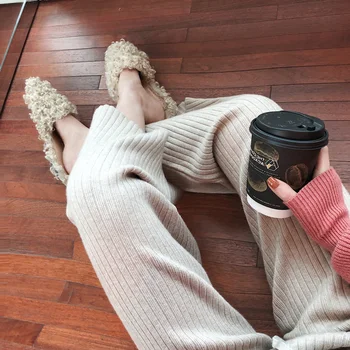 

Autumn Winter Loose Elastic Waist Women Straight Leg Knitted Pant 2020 Ladies Casual Sweater Trouser Capri Pants