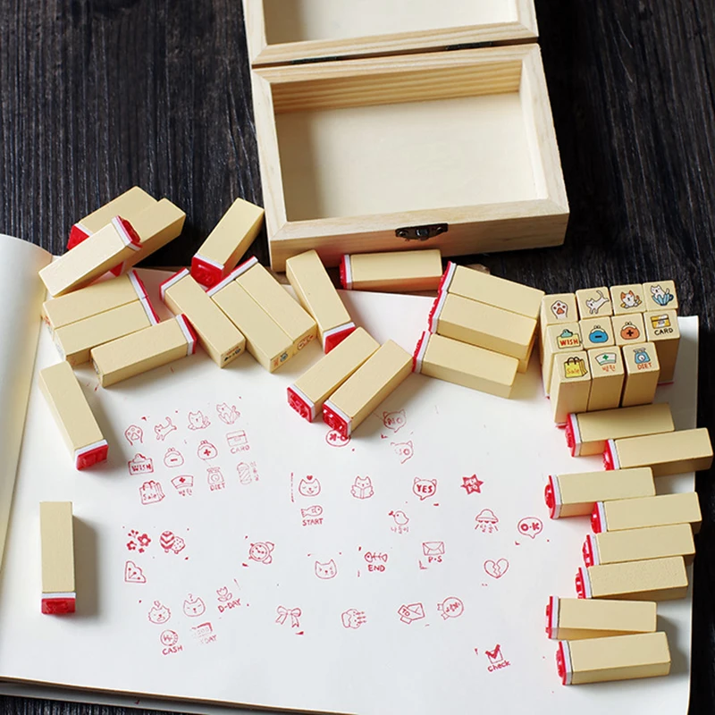 40pcs Cute Cartoon Stamps Children Toy Wood Scrapbooking Stamper Kids Animals DIY Painting Photo Album Accessories Wooden box
