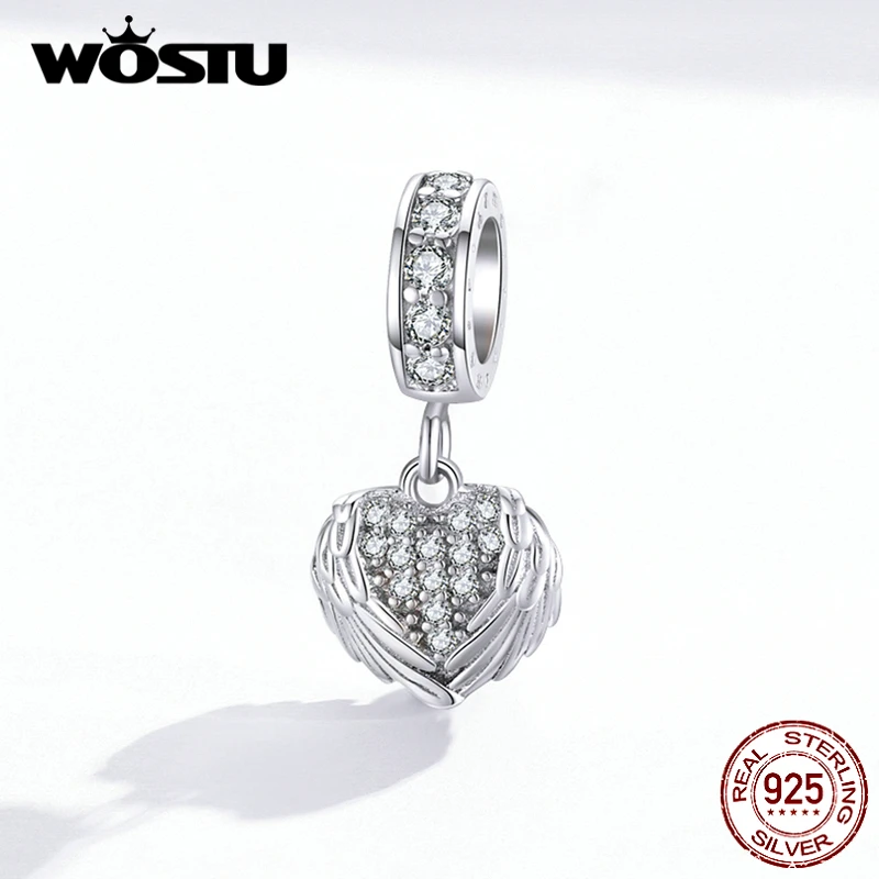 WOSTU 100% 925 пробы серебряные подвески в виде крыла сердца циркониевые бусины